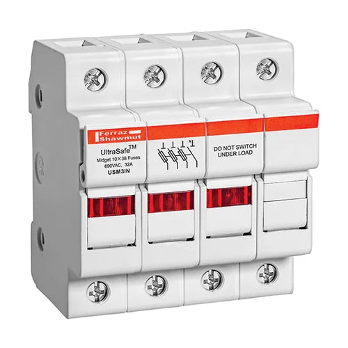 Mersen USM3IN, UltraSafe USM Midget Fuse Holder, 600VAC/DC, 30A, 3-Pole+N, with Indicator