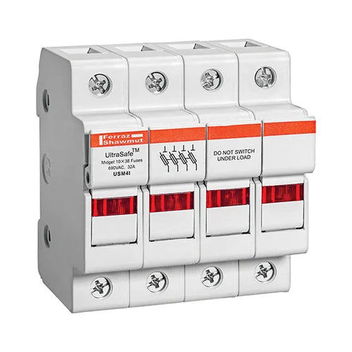 Mersen USM4I, UltraSafe USM Midget Fuse Holder, 600VAC/DC, 30A, 4-Pole, with Indicator