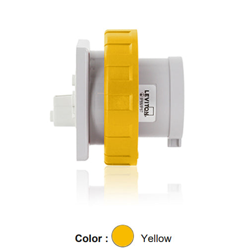 Leviton  W216-B4, International Configuration Pin & Sleeve Panel Mounting Inlet, Industrial Grade, 16 Amp, 100-130 Volt, 2P+E (2P, 3W), Clock Position 4, IP66/67, Watertight, Yellow