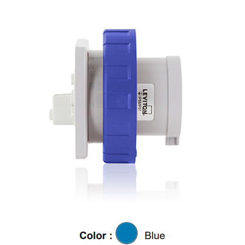 Leviton W216-B6, International Configuration Pin & Sleeve Panel Mounting Inlet, Industrial Grade, 16 Amp, 200-250 Volt, 2P+E (2P, 3W), Clock Position 6, IP66/67, Watertight, Blue
