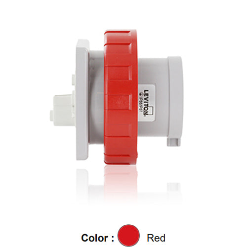 Leviton W216-B9, International Configuration Pin & Sleeve Panel Mounting Inlet, Industrial Grade, 16 Amp, 380-415 Volt, 2P+E (2P, 3W), Clock Position 9, IP66/67, Watertight, Red