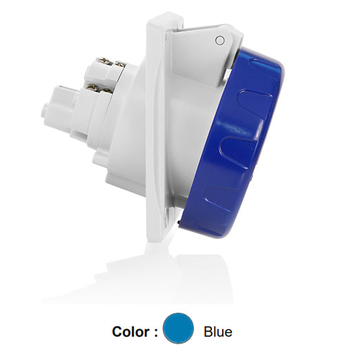 Leviton W216-R6, International Configuration Pin & Sleeve Panel Mounting Socket Outlet, Industrial Grade, 16 Amp, 200-250 Volt, 2P+E (2P, 3W), Clock Position 6, IP66/67, Watertight, Blue