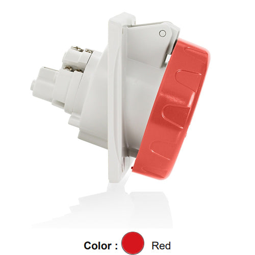 Leviton W216-R9, International Configuration Pin & Sleeve Panel Mounting Socket Outlet, Industrial Grade, 16 Amp, 380-415 Volt, 2P+E (2P, 3W), Clock Position 9, IP66/67, Watertight, Red