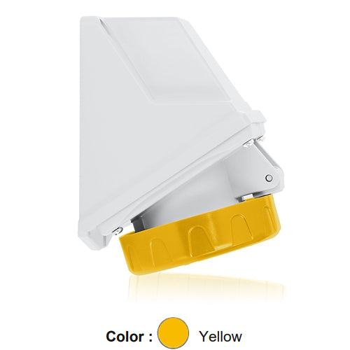 Leviton W216-S4, International Configuration Pin & Sleeve Surface Mounting Socket Outlet, Industrial Grade, 16 Amp, 100-130 Volt, 2P+E (2P, 3W), Clock Position 4, IP66/67, Watertight, Yellow