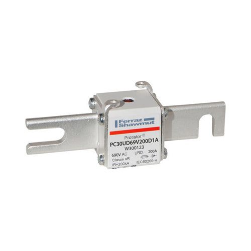 Mersen W300123, Square Body High-Speed Fuse, Fast Acting, Size 30 aR, 690/700VAC, 200A, With Striker DIN 110 Blades