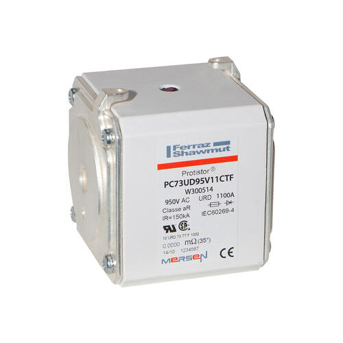 Mersen W300514, Square Body High-Speed Fuse, Fast Acting, Size 73 aR, 950/1000VAC, 1100A, With Striker Flush ends metric threads