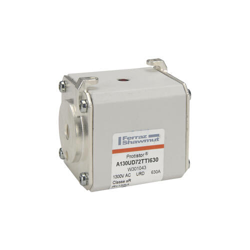 Mersen W301043, Square Body High-Speed Fuse, Fast Acting, Size 72 aR, 1250/1300VAC, 630A, With Striker Flush ends UNC threads