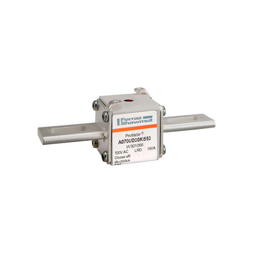 Mersen W301066, Square Body High-Speed Fuse, Fast Acting, Size 30 aR, 690/700VAC, 550A, With Striker Slotted Blades short