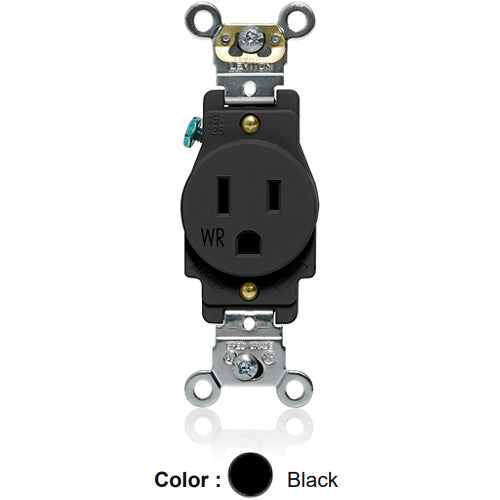Leviton W5261-E, Weather-Resistant Standard Straight Blade Single Receptacle, Heavy-Duty Industrial Specification Grade, Smooth Face, 15A 125V, NEMA 5-15R, 2-Pole, 3-Wire, Back and Side Wire, Black