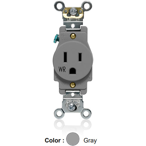 Leviton W5261-GY, Weather-Resistant Standard Straight Blade Single Receptacle, Heavy-Duty Industrial Specification Grade, Smooth Face, 15A 125V, NEMA 5-15R, 2-Pole, 3-Wire, Back and Side Wire, Gray
