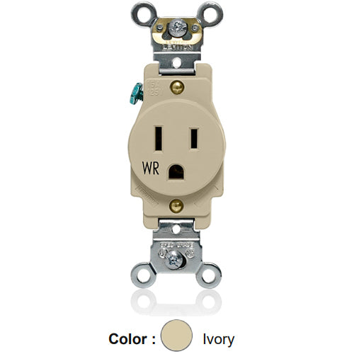 Leviton W5261-I, Weather-Resistant Standard Straight Blade Single Receptacle, Heavy-Duty Industrial Specification Grade, Smooth Face, 15A 125V, NEMA 5-15R, 2-Pole, 3-Wire, Back and Side Wire, Ivory