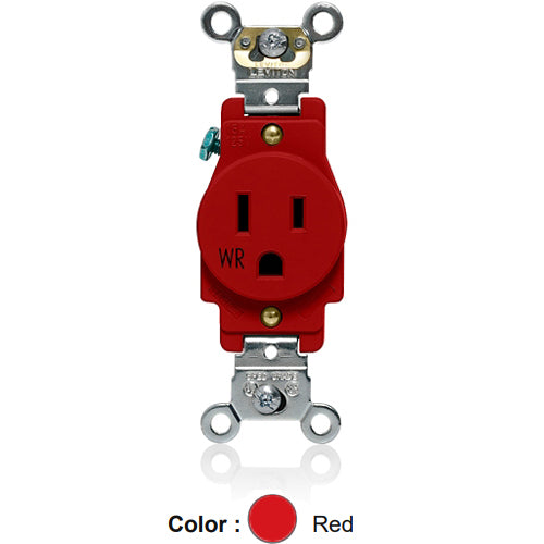 Leviton W5261-R, Weather-Resistant Standard Straight Blade Single Receptacle, Heavy-Duty Industrial Specification Grade, Smooth Face, 15A 125V, NEMA 5-15R, 2-Pole, 3-Wire, Back and Side Wire, Red