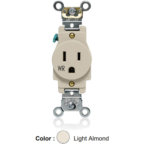 Leviton W5261-T, Weather-Resistant Standard Straight Blade Single Receptacle, Heavy-Duty Industrial Specification Grade, Smooth Face, 15A 125V, NEMA 5-15R, 2-Pole, 3-Wire, Back and Side Wire, Light Almond