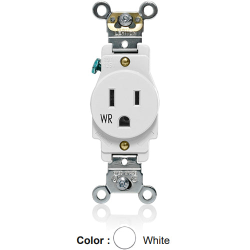 Leviton W5261-W, Weather-Resistant Standard Straight Blade Single Receptacle, Heavy-Duty Industrial Specification Grade, Smooth Face, 15A 125V, NEMA 5-15R, 2-Pole, 3-Wire, Back and Side Wire, White