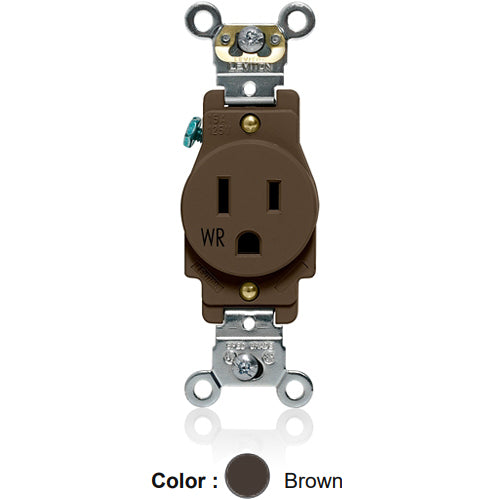 Leviton W5261, Weather-Resistant Standard Straight Blade Single Receptacle, Heavy-Duty Industrial Specification Grade, Smooth Face, 15A 125V, NEMA 5-15R, 2-Pole, 3-Wire, Back and Side Wire, Brown