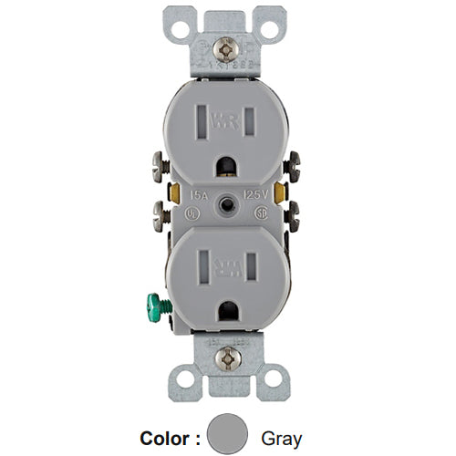 Leviton W5320-T0G, Weather and Tamper-Resistant Straight Blade Duplex Receptacle, Residential Grade, 15A 125V, NEMA 5-15R, 2-Pole, 3-Wire, Quickwire Push-In & Side Wired, Gray, 2 Packs