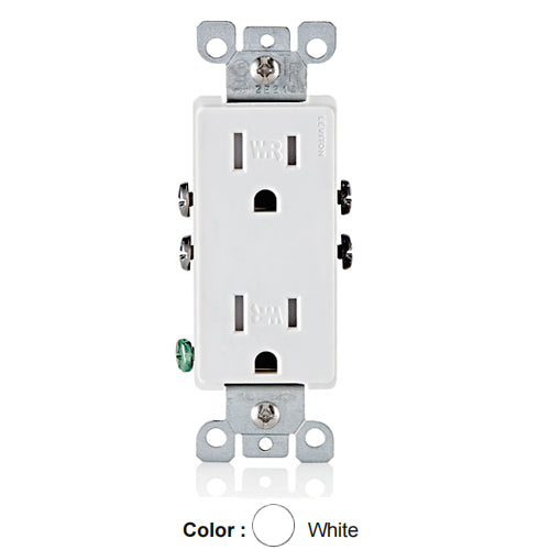 Leviton W5325-T0W, Decora Weather and Tamper-Resistant Straight Blade Duplex Receptacle, 15A 125V, NEMA 5-15R, 2-Pole, 3-Wire, Grounding, Quickwire Push-In & Side Wired, White, 2 Packs