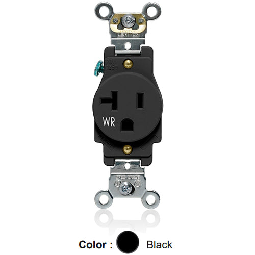 Leviton W5361-E, Weather-Resistant Standard Straight Blade Single Receptacle, Heavy-Duty Industrial Specification Grade, Smooth Face, 20A 125V, NEMA 5-20R, 2-Pole, 3-Wire, Back and Side Wire, Black