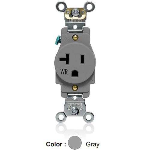 Leviton W5361-GY, Weather-Resistant Standard Straight Blade Single Receptacle, Heavy-Duty Industrial Specification Grade, Smooth Face, 20A 125V, NEMA 5-20R, 2-Pole, 3-Wire, Back and Side Wire, Gray