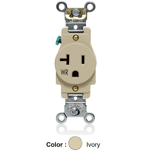 Leviton W5361-I, Weather-Resistant Standard Straight Blade Single Receptacle, Heavy-Duty Industrial Specification Grade, Smooth Face, 20A 125V, NEMA 5-20R, 2-Pole, 3-Wire, Back and Side Wire, Ivory