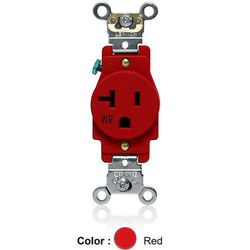 Leviton W5361-R, Weather-Resistant Standard Straight Blade Single Receptacle, Heavy-Duty Industrial Specification Grade, Smooth Face, 20A 125V, NEMA 5-20R, 2-Pole, 3-Wire, Back and Side Wire, Red