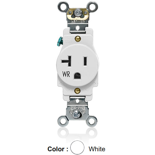 Leviton W5361-W, Weather-Resistant Standard Straight Blade Single Receptacle, Heavy-Duty Industrial Specification Grade, Smooth Face, 20A 125V, NEMA 5-20R, 2-Pole, 3-Wire, Back and Side Wire, White