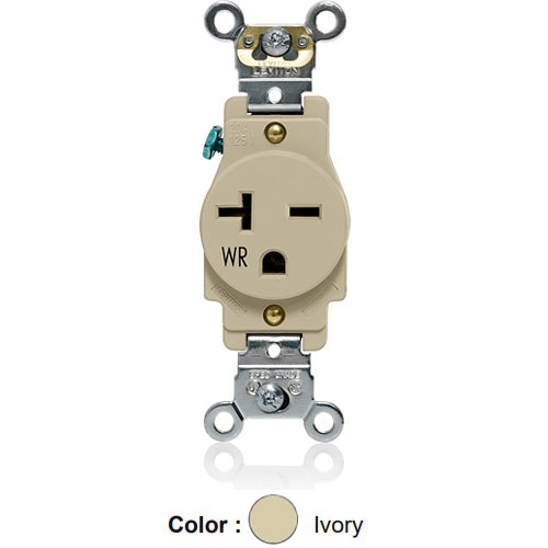 Leviton W5461-I, Weather-Resistant Standard Straight Blade Single Receptacle, Heavy-Duty Industrial Specification Grade, Smooth Face, 20A 250V, NEMA 6-20R, 2-Pole, 3-Wire, Back and Side Wire, Ivory