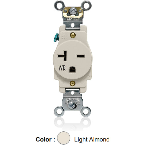 Leviton W5461-T, Weather-Resistant Standard Straight Blade Single Receptacle, Heavy-Duty Industrial Specification Grade, Smooth Face, 20A 250V, NEMA 6-20R, 2-Pole, 3-Wire, Back and Side Wire, Light Almond