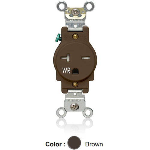 Leviton W5461-T00, Weather and Tamper-Resistant Standard Straight Blade Single Receptacle, Heavy-Duty Industrial Specification Grade, Smooth Face, 20A 250V, NEMA 6-20R, 2-Pole, 3-Wire, Back and Side Wire, Brown