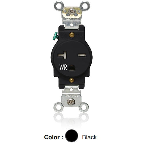 Leviton W5461-T0E, Weather and Tamper-Resistant Standard Straight Blade Single Receptacle, Heavy-Duty Industrial Specification Grade, Smooth Face, 20A 250V, NEMA 6-20R, 2-Pole, 3-Wire, Back and Side Wire, Black