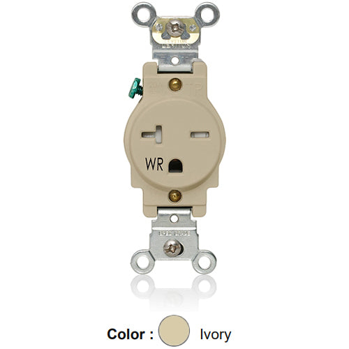 Leviton W5461-T0I, Weather and Tamper-Resistant Standard Straight Blade Single Receptacle, Heavy-Duty Industrial Specification Grade, Smooth Face, 20A 250V, NEMA 6-20R, 2-Pole, 3-Wire, Back and Side Wire, Ivory