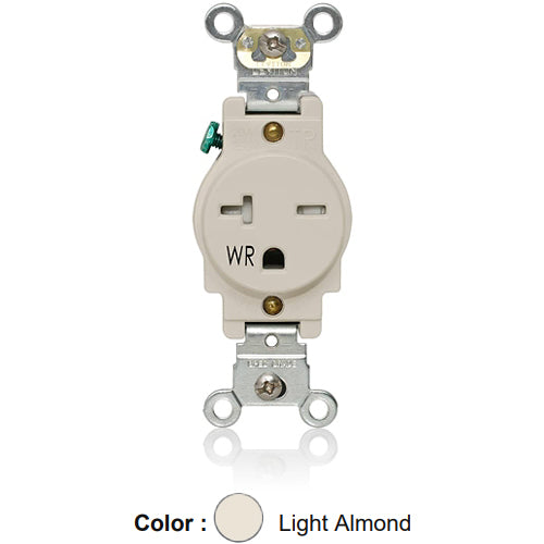 Leviton W5461-T0T, Weather and Tamper-Resistant Standard Straight Blade Single Receptacle, Heavy-Duty Industrial Specification Grade, Smooth Face, 20A 250V, NEMA 6-20R, 2-Pole, 3-Wire, Back and Side Wire, Light Almond