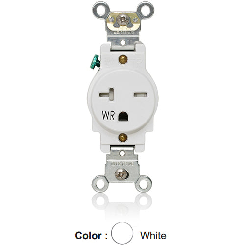 Leviton W5461-T0W, Weather and Tamper-Resistant Standard Straight Blade Single Receptacle, Heavy-Duty Industrial Specification Grade, Smooth Face, 20A 250V, NEMA 6-20R, 2-Pole, 3-Wire, Back and Side Wire, White