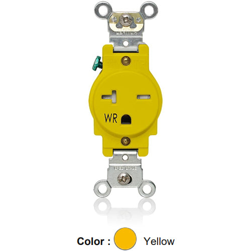 Leviton W5461-T0Y, Weather and Tamper-Resistant Standard Straight Blade Single Receptacle, Heavy-Duty Industrial Specification Grade, Smooth Face, 20A 250V, NEMA 6-20R, 2-Pole, 3-Wire, Back and Side Wire, Yellow