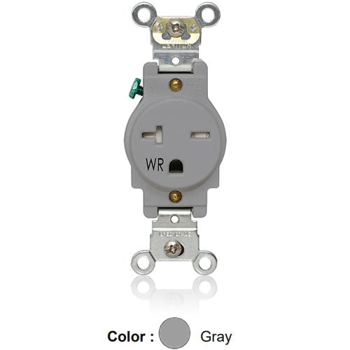 Leviton W5461-TGY, Weather and Tamper-Resistant Standard Straight Blade Single Receptacle, Heavy-Duty Industrial Specification Grade, Smooth Face, 20A 250V, NEMA 6-20R, 2-Pole, 3-Wire, Back and Side Wire, Gray