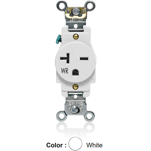 Leviton W5461-W, Weather-Resistant Standard Straight Blade Single Receptacle, Heavy-Duty Industrial Specification Grade, Smooth Face, 20A 250V, NEMA 6-20R, 2-Pole, 3-Wire, Back and Side Wire, White