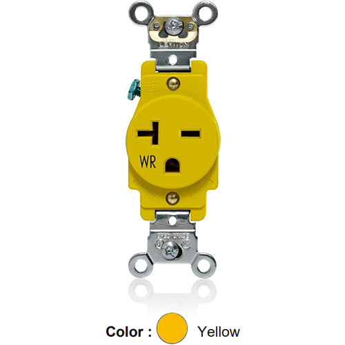 Leviton W5461-Y, Weather-Resistant Standard Straight Blade Single Receptacle, Heavy-Duty Industrial Specification Grade, Smooth Face, 20A 250V, NEMA 6-20R, 2-Pole, 3-Wire, Back and Side Wire, Yellow