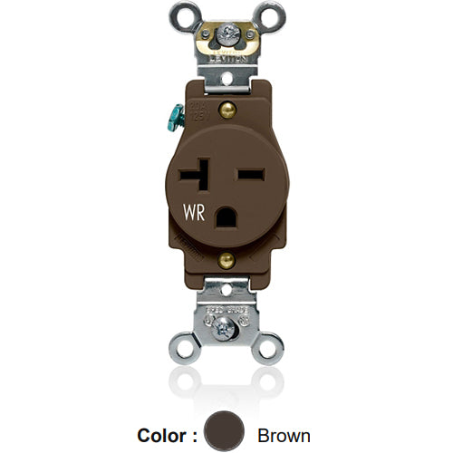 Leviton W5461, Weather-Resistant Standard Straight Blade Single Receptacle, Heavy-Duty Industrial Specification Grade, Smooth Face, 20A 250V, NEMA 6-20R, 2-Pole, 3-Wire, Back and Side Wire, Brown
