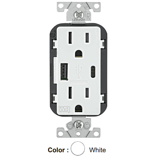 Leviton W5633-W, 25+W (5.1 A) Dual Type A/C USB In-Wall Charger with Duplex Weather-Resistant Receptacle, 15A 125V, Grounding, White