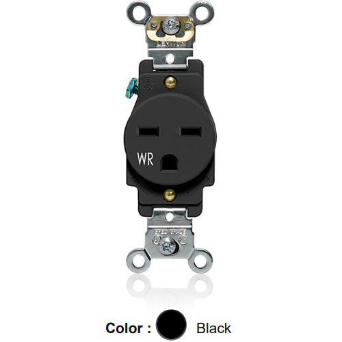 Leviton W5661-E, Weather-Resistant Standard Straight Blade Single Receptacle, Heavy-Duty Industrial Specification Grade, Smooth Face, 15A 250V, NEMA 6-15R, 2-Pole, 3-Wire, Back and Side Wire, Black