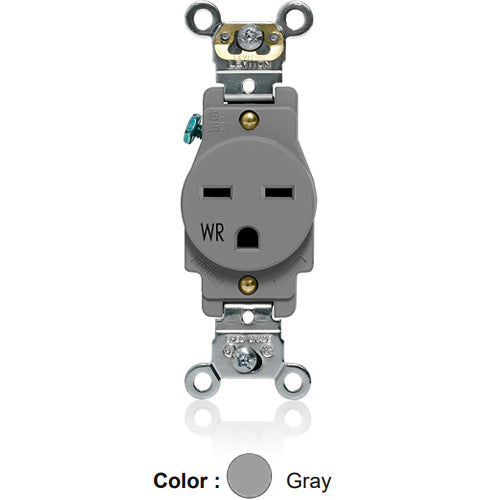 Leviton W5661-GY, Weather-Resistant Standard Straight Blade Single Receptacle, Heavy-Duty Industrial Specification Grade, Smooth Face, 15A 250V, NEMA 6-15R, 2-Pole, 3-Wire, Back and Side Wire, Gray