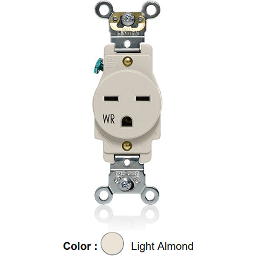 Leviton W5661-T, Weather-Resistant Standard Straight Blade Single Receptacle, Heavy-Duty Industrial Specification Grade, Smooth Face, 15A 250V, NEMA 6-15R, 2-Pole, 3-Wire, Back and Side Wire, Light Almond