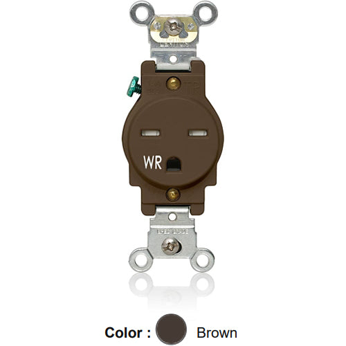 Leviton W5661-T00, Weather and Tamper-Resistant Standard Straight Blade Single Receptacle, Heavy-Duty Industrial Specification Grade, Smooth Face, 15A 250V, NEMA 6-15R, 2-Pole, 3-Wire, Back and Side Wire, Brown