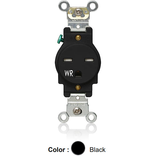 Leviton W5661-T0E, Weather and Tamper-Resistant Standard Straight Blade Single Receptacle, Heavy-Duty Industrial Specification Grade, Smooth Face, 15A 250V, NEMA 6-15R, 2-Pole, 3-Wire, Back and Side Wire, Black