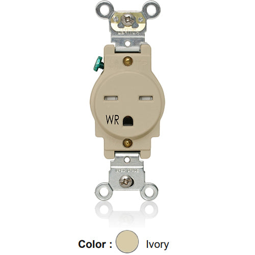 Leviton W5661-T0I, Weather and Tamper-Resistant Standard Straight Blade Single Receptacle, Heavy-Duty Industrial Specification Grade, Smooth Face, 15A 250V, NEMA 6-15R, 2-Pole, 3-Wire, Back and Side Wire, Ivory