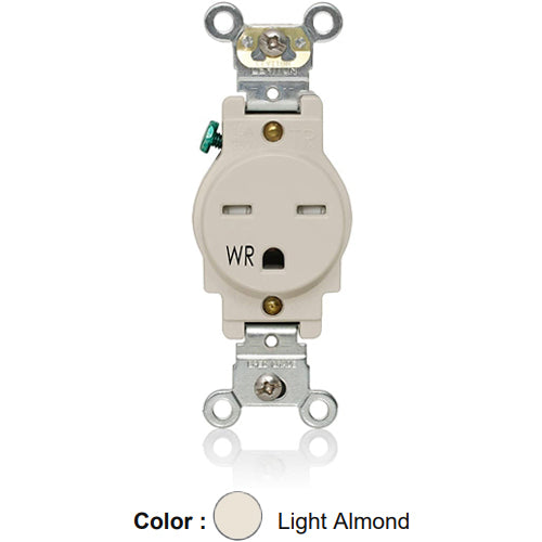 Leviton W5661-T0T, Weather and Tamper-Resistant Standard Straight Blade Single Receptacle, Heavy-Duty Industrial Specification Grade, Smooth Face, 15A 250V, NEMA 6-15R, 2-Pole, 3-Wire, Back and Side Wire, Light Almond