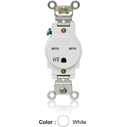 Leviton W5661-T0W, Weather and Tamper-Resistant Standard Straight Blade Single Receptacle, Heavy-Duty Industrial Specification Grade, Smooth Face, 15A 250V, NEMA 6-15R, 2-Pole, 3-Wire, Back and Side Wire, White