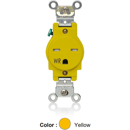 Leviton W5661-T0Y, Weather and Tamper-Resistant Standard Straight Blade Single Receptacle, Heavy-Duty Industrial Specification Grade, Smooth Face, 15A 250V, NEMA 6-15R, 2-Pole, 3-Wire, Back and Side Wire, Yellow