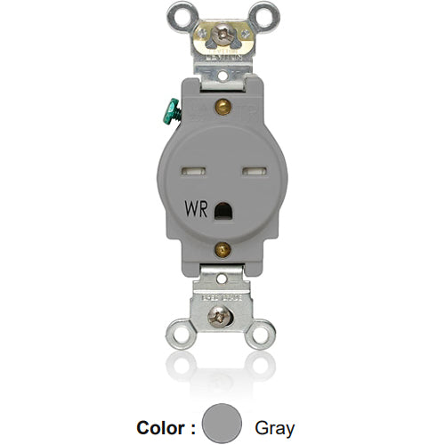 Leviton W5661-TGY, Weather and Tamper-Resistant Standard Straight Blade Single Receptacle, Heavy-Duty Industrial Specification Grade, Smooth Face, 15A 250V, NEMA 6-15R, 2-Pole, 3-Wire, Back and Side Wire, Gray