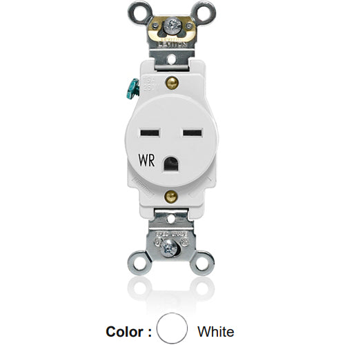 Leviton W5661-W, Weather-Resistant Standard Straight Blade Single Receptacle, Heavy-Duty Industrial Specification Grade, Smooth Face, 15A 250V, NEMA 6-15R, 2-Pole, 3-Wire, Back and Side Wire, White